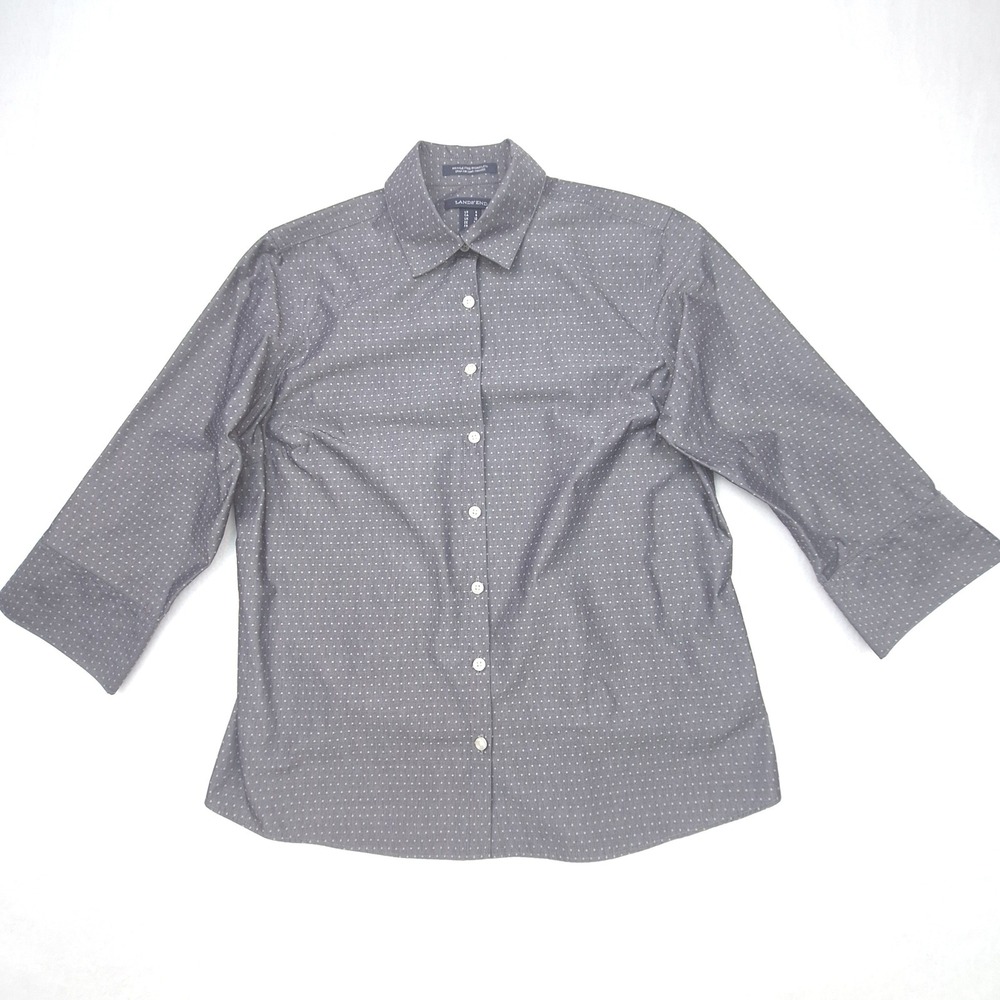 Lands End Shirt Womens 6 Petite Gray Diamond Wrinkle Free 3/4 Sleeves Wide Cuff